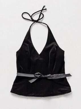 BLACK VELVET HALTER Top Vintage Backless Tie Up Low Cut 90's / Medium